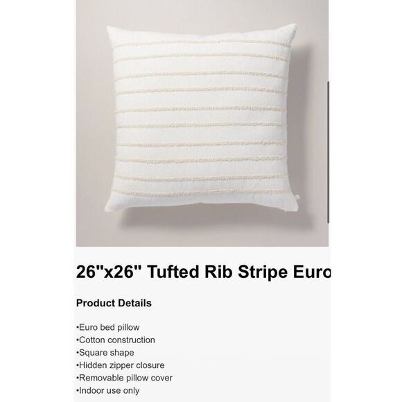 Hearth & Hand 26"x26" Tufted Rib Stripe Euro Bed Pillow Cream/Natural - Picture 4 of 8